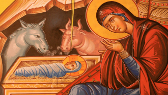 Jouluikoni seimi Jeesus-lapsi ja Maria