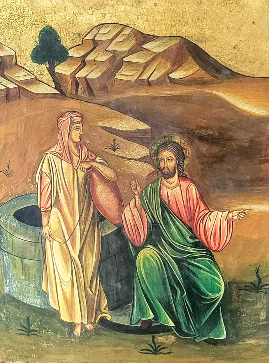 Jeesus tapaa samarialaisen naisen Jaakobin lähteellä ikoni