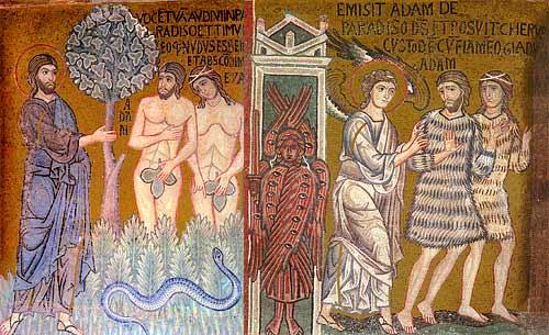 Aadamin ja Eevan karkotusta Paratiisista kuvaava 1100-luvun mosaiikki