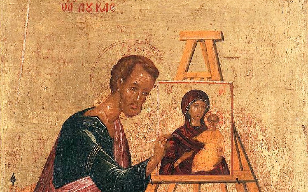 Apostoli Luukas maalaa Jumalanäidin Hodigitria-ikonia 1400 venäläisessä ikonissa