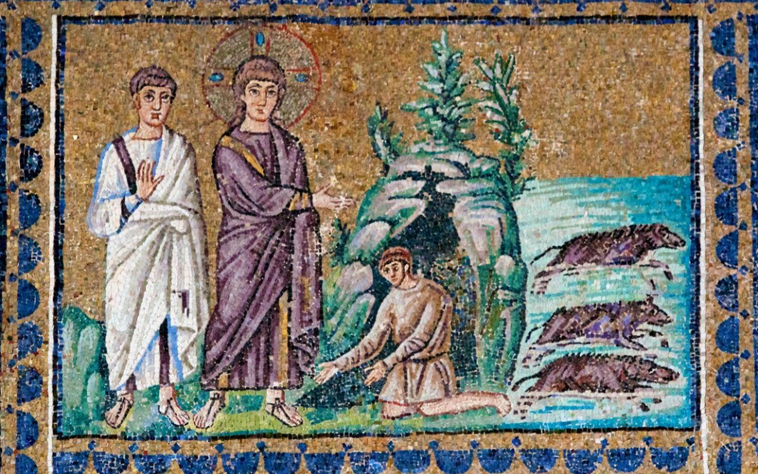 Jeesus ajaa pahan hengen miehestä sikoihin keskiaikaisessa mosaiikissa