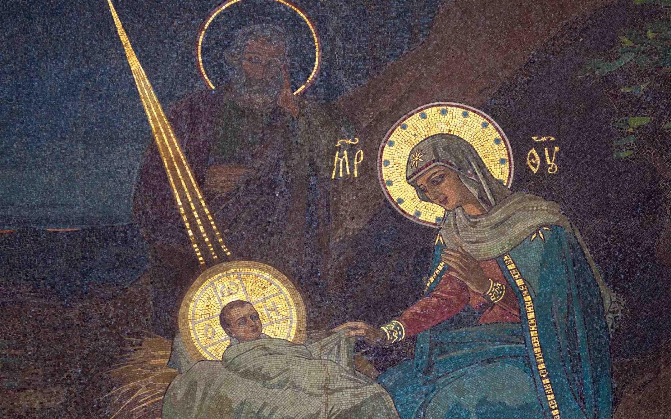 Kristuksen syntymäikoni, jossa kuvattuina lapsen lisäksi Maria, Joosef ja seimi