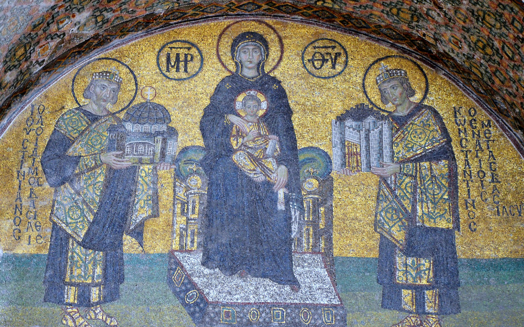 Konstantinus ja Konstantinopoli Justinianus ja Hagia Sofia Neitsyt Maria  mosaiikiassa