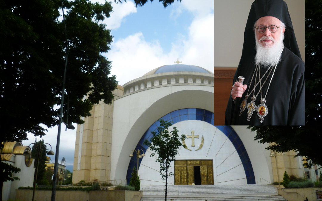 Kristuksen ylösnousemuksen katedraali Tirana ja arkkipiispa Anastasios kuvakooste