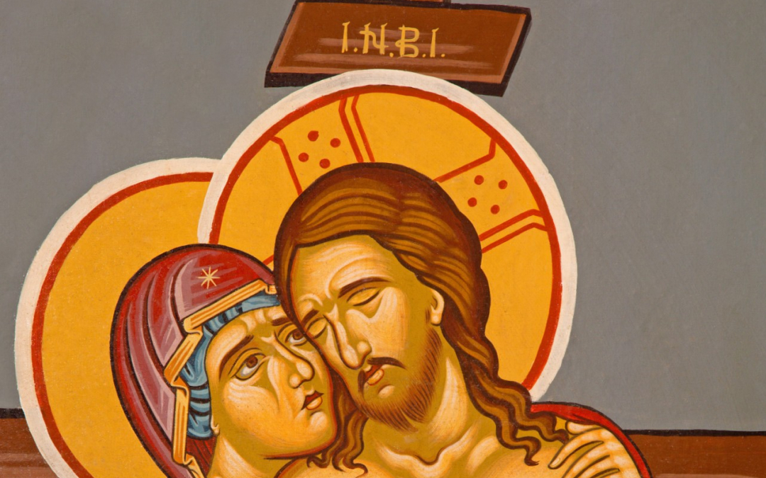 Kristus kuolleena ja Neitsyt Maria ikonissa Jerusalemissa ortodoksisen kirkon ovella