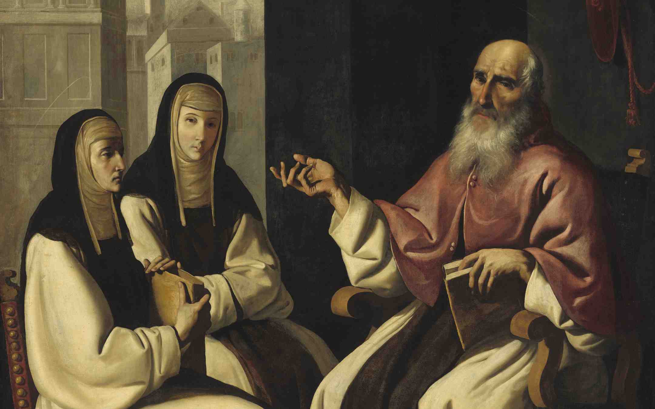 Pyhä Paula ja tytär Eustochium kuvattuna yhdessä Pyhän Jeromen kanssa istumassa 1600-luvun maalauksessa