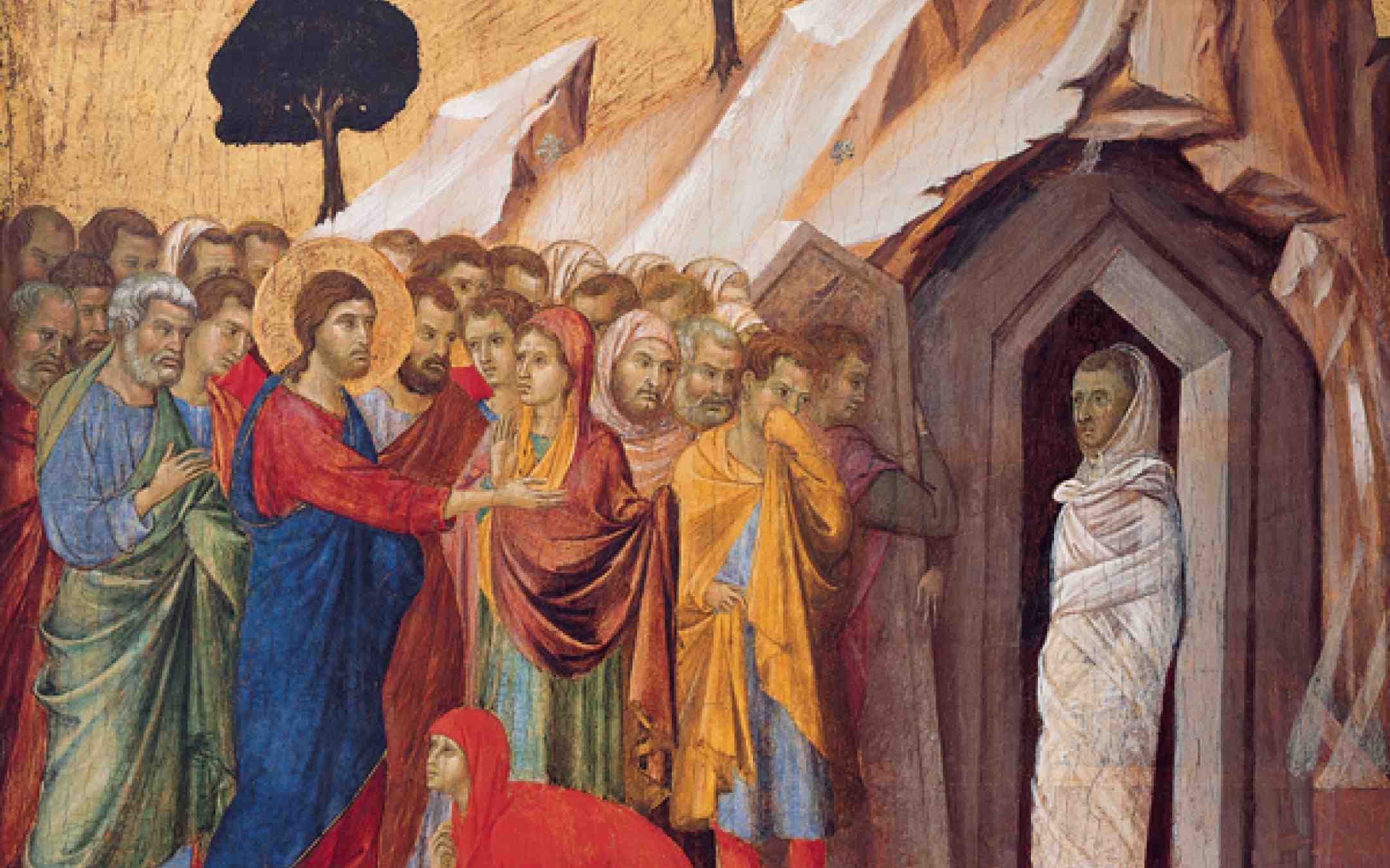 Maalauksessa Jeesus on juuri herättänyt Lasaruksen kuolleista ja Lasarus seisoo hautaluolan suulla väkijoukon katsellessa 