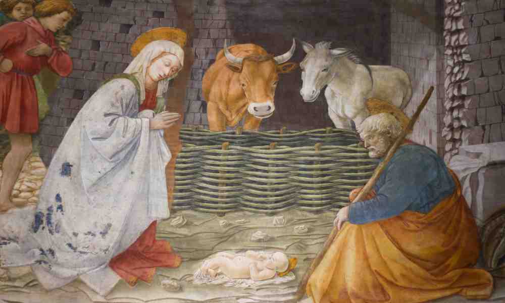 Kristuksen syntymää kuvaava fresko, jossa kuvattuina lapsen lisäksi Maria, Joosef ja seimi