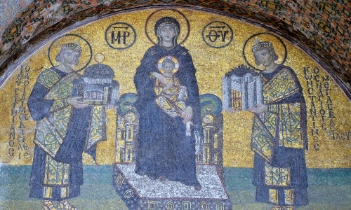 Konstantinus ja Konstantinopoli Justinianus ja Hagia Sofia Neitsyt Maria