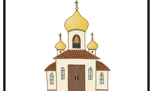 Suomi-ukraina kuvakorttiin piirroksena kuvattu ortodoksinen kirkko