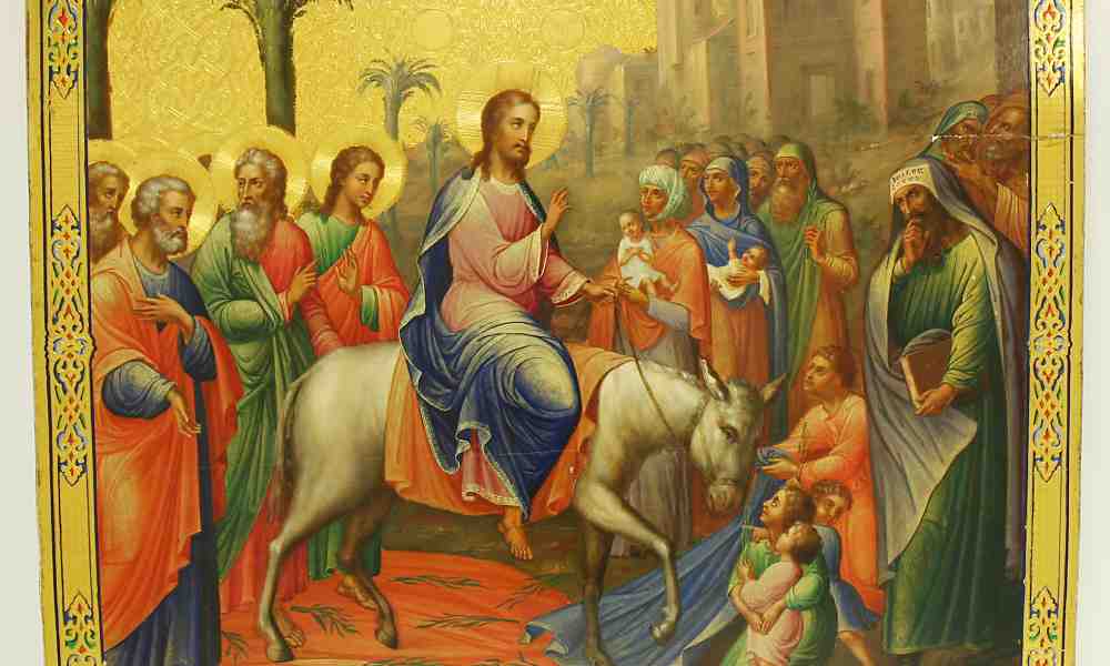 Palmusunnuntai ikonijja on kuvattuna Herran ratsastus Jerusalemiin