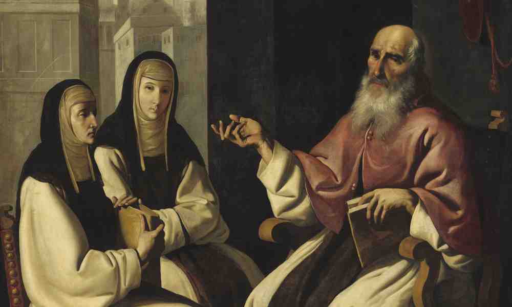 Pyhä Paula ja tytär Eustochium kuvattuna yhdessä Pyhän Jeromen kanssa istumassa 1600-luvun maalauksessa